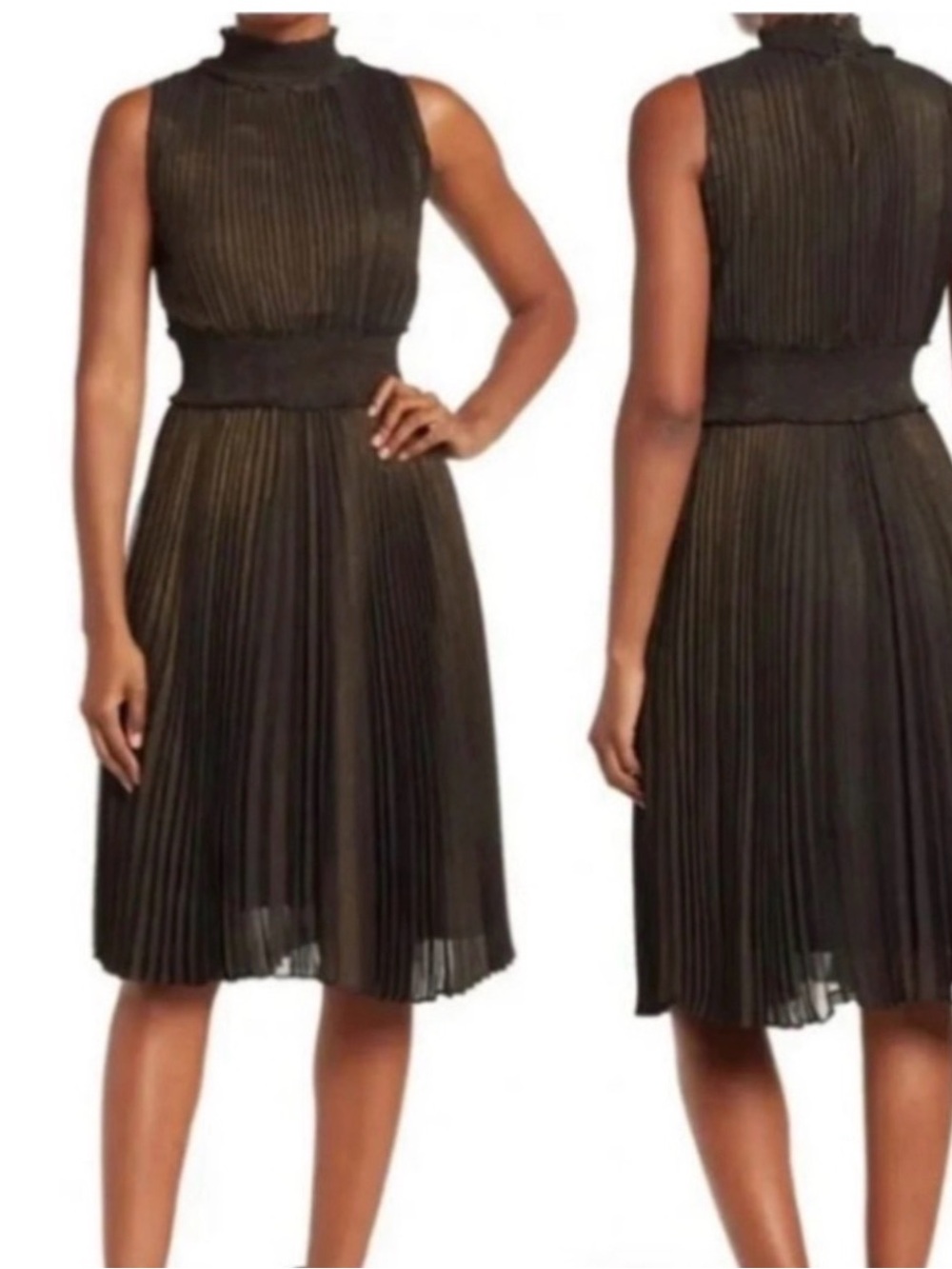 Nanette Lepore Sleeveless Pleated Black/gold Dress with High Neck